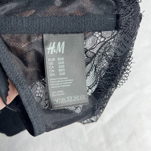 H&M Women's Bra 36B Black Lace Underwire Longline Sheer Sexy Bralette - Picture 5 of 6